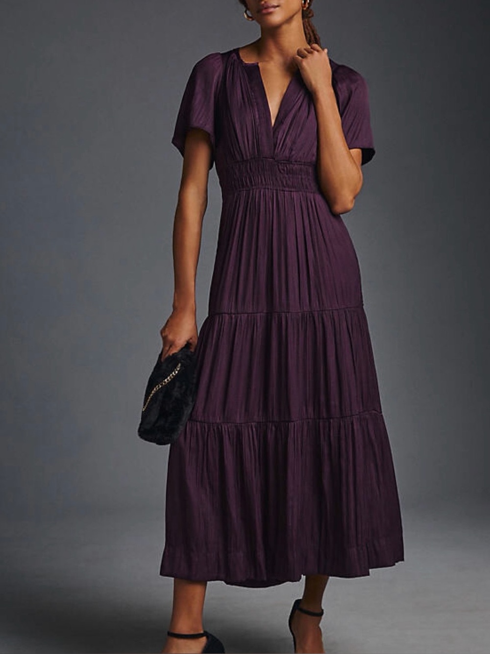 Anthropologie Somerset Maxi Dress Long Tiered Silky Satiny Dark Purple 2X